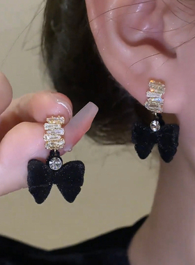 秋冬甜美植绒蝴蝶结耳钉精致韩国ins风925银针爆款耳环2023年新款