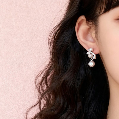 独特设计感微镶锆石流苏珍珠耳环