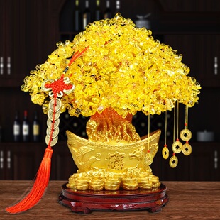 黄水晶摇钱树摆件招财酒柜装饰家居客厅玄关小发财树乔迁开业礼品