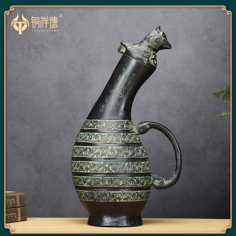 古青铜器摆件春秋战国早期鸟盖瓠壶青铜酒壶蟠龙纹瓠瓜壶工艺品