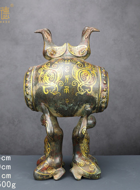 青铜器礼器收藏品错金铭文双人鼓摆件博物馆古玩收藏铜祥德制作