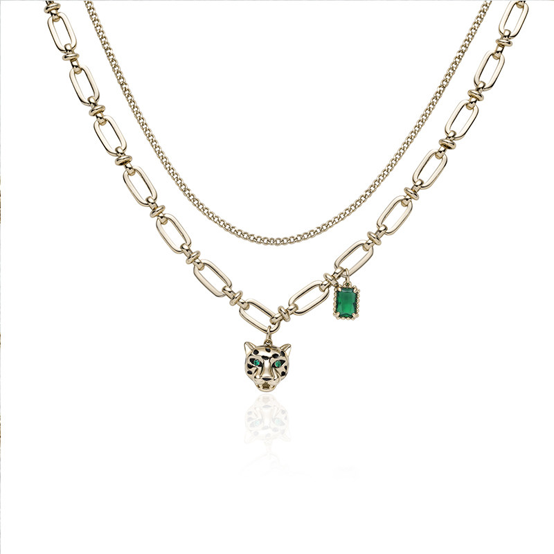 Favorite冷淡风潮酷豹子头祖母绿项链女y2k双层个性高街镀金项饰