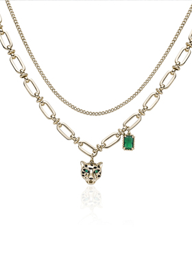 Favorite冷淡风潮酷豹子头祖母绿项链女y2k双层个性高街镀金项饰