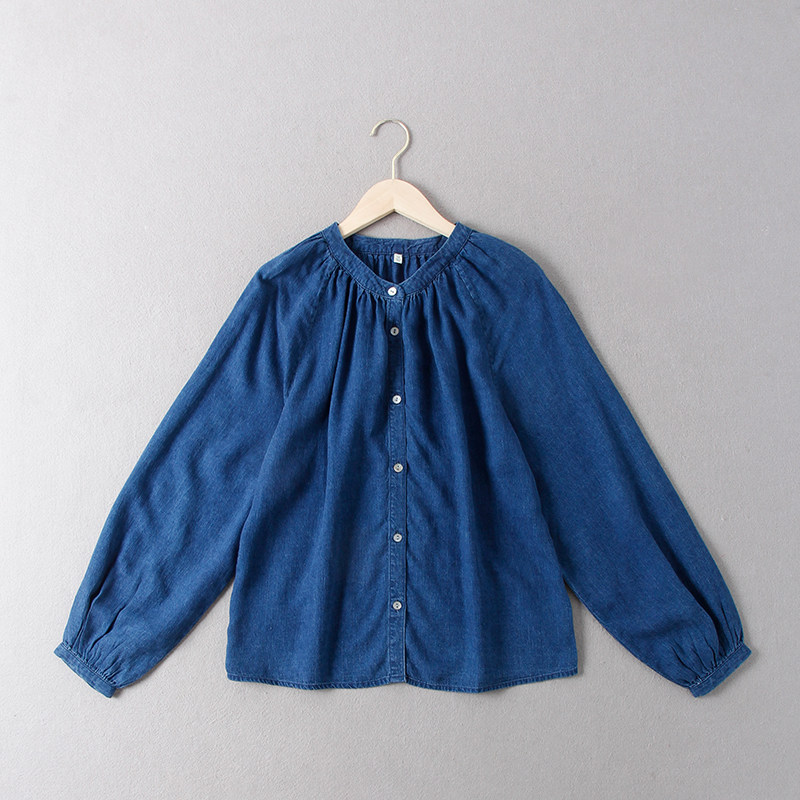 出老美轻奢单！148美金!女亚麻天丝混纺圆领单排扣长袖牛仔衬衫