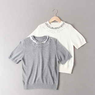 阿兰推荐！精致设计感手工钉珠亮片装饰莱赛尔亚麻宽松短袖针织衫