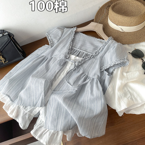 夏季新品  超好看法式V领条纹短袖衬衫女假两件叠穿小衫上衣ys728