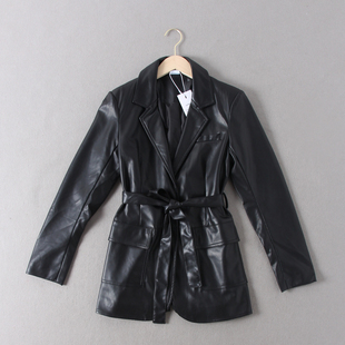 气质收腰西装 翻领中长款 领PU皮衣风衣外套 原单女款 出以斯列单