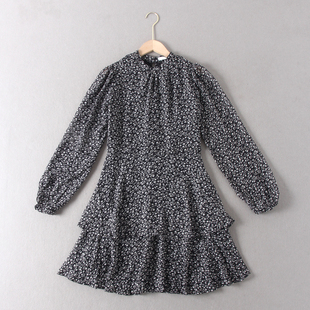 出加拿单！56加元！法式优雅黑底小立领双层碎花雪纺长袖连衣裙