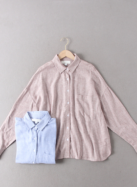 出西班牙单！25.9欧元！宽松慵懒风长袖条纹单排扣亚麻混纺衬衫