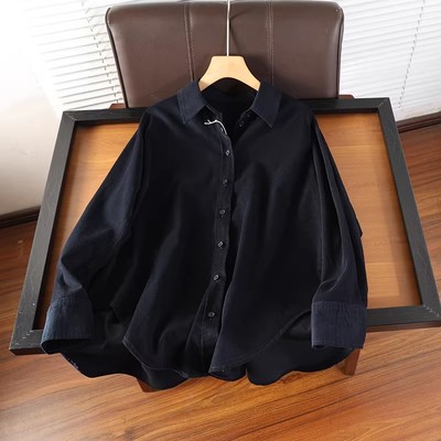 北欧小众秋冬款 柔软舒适灯芯绒材质复古翻领长袖宽松衬衫女xg109