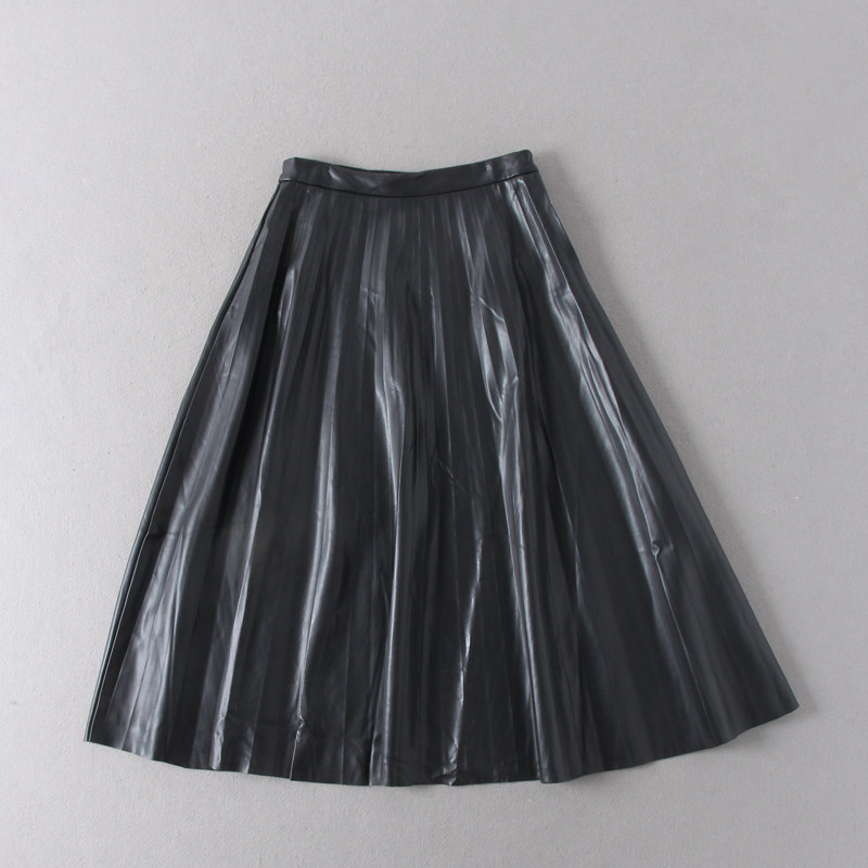 出巴西订单~你款秋冬新款高腰轻微百褶PU皮显瘦大摆裙半身裙