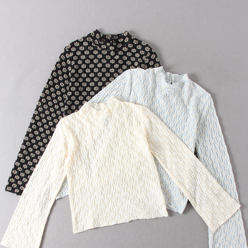 出日单~女款小清新立领褶皱提花喇叭休闲长袖套头蕾丝打底衫