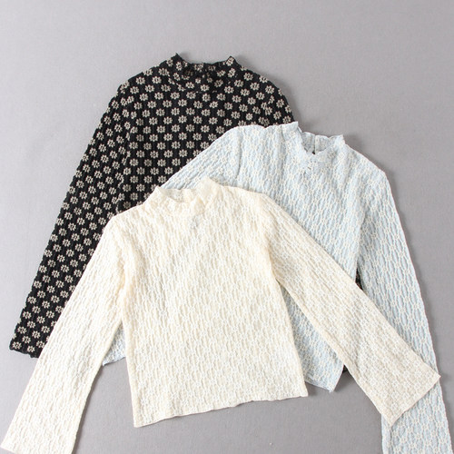 出日单~女款小清新立领褶皱提花喇叭休闲长袖套头蕾丝打底衫