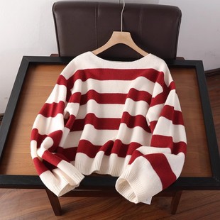 好东西!区别市面版本 米红条纹100羊毛软糯慵懒风针织衫毛衣女ah