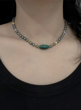 孔雀石珍珠项链锁骨链原创设计