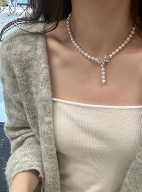 Isla孤岛明星同款珍珠项链一条多戴可调节小众轻奢蝴蝶结饰品