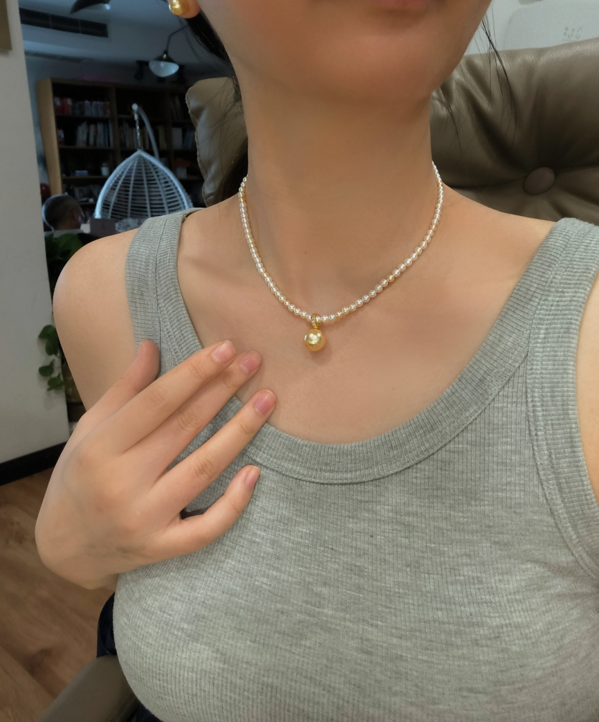 ISLA孤岛白金混采4mm仿海水珍珠12mm茶金吊坠延长链款通勤百搭