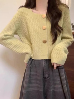 宽松短款方领新款小个子针织上衣