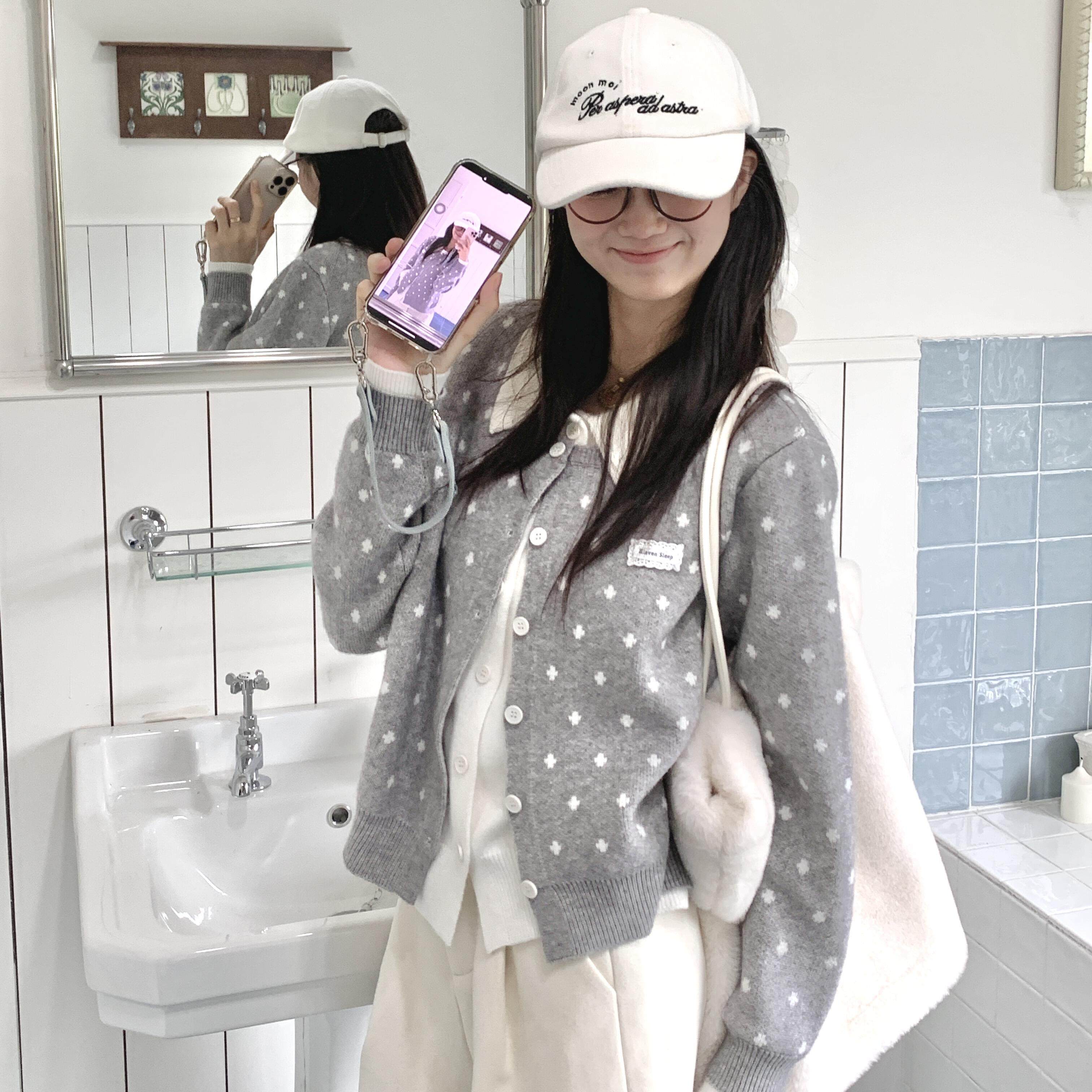 灰色波点假两件针织开衫女秋冬季