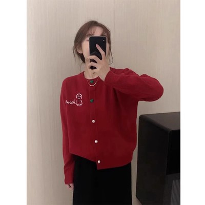 红色针织开衫女春秋2024年新款