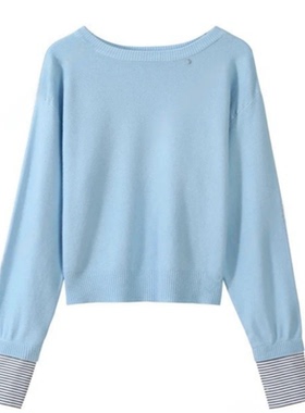 韩系黄色套头斜肩针织卫衣女春秋季小个子短款宽松慵懒风露肩上衣