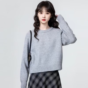 灰色圆领毛衣女加厚2025秋冬新款宽松百搭套头打底针织衫短款上衣