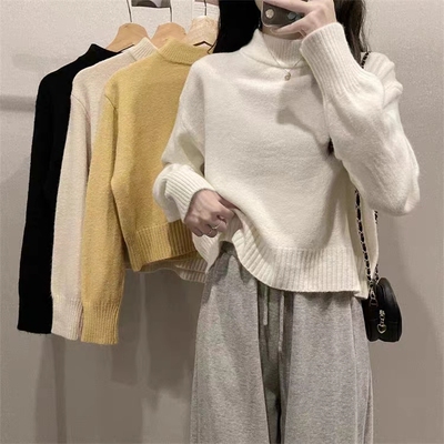 杏色半高领短款羊绒毛衣女秋冬