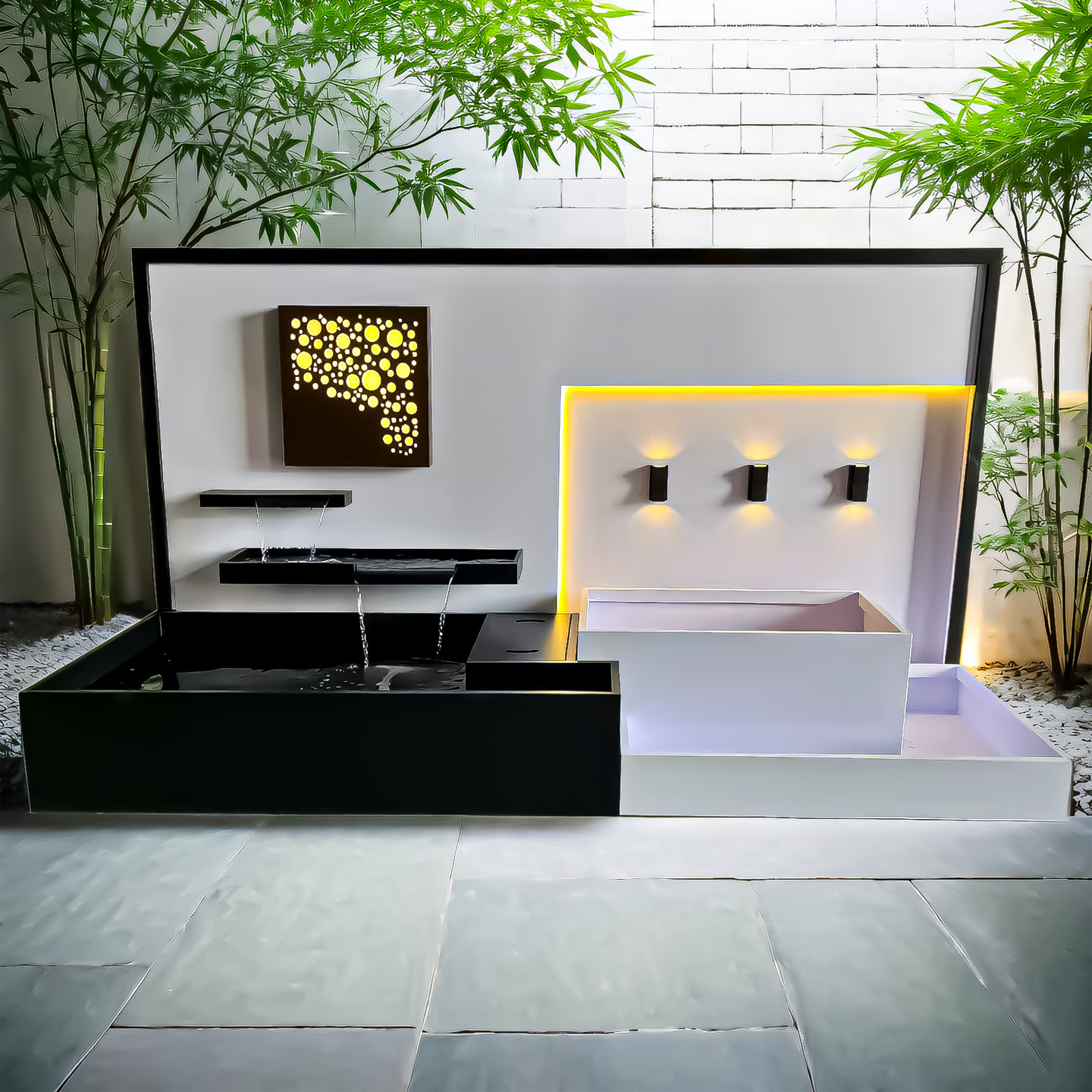 户外庭院不锈钢流水景墙鱼池花箱组合水幕墙屏风别墅造景别墅影壁