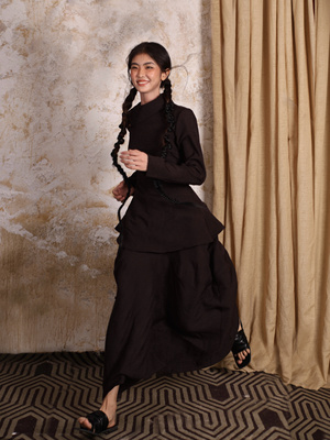 拙守 复古不规则扣肌理翻领收腰绑带衬衫茧型拼接花苞半身裙套装