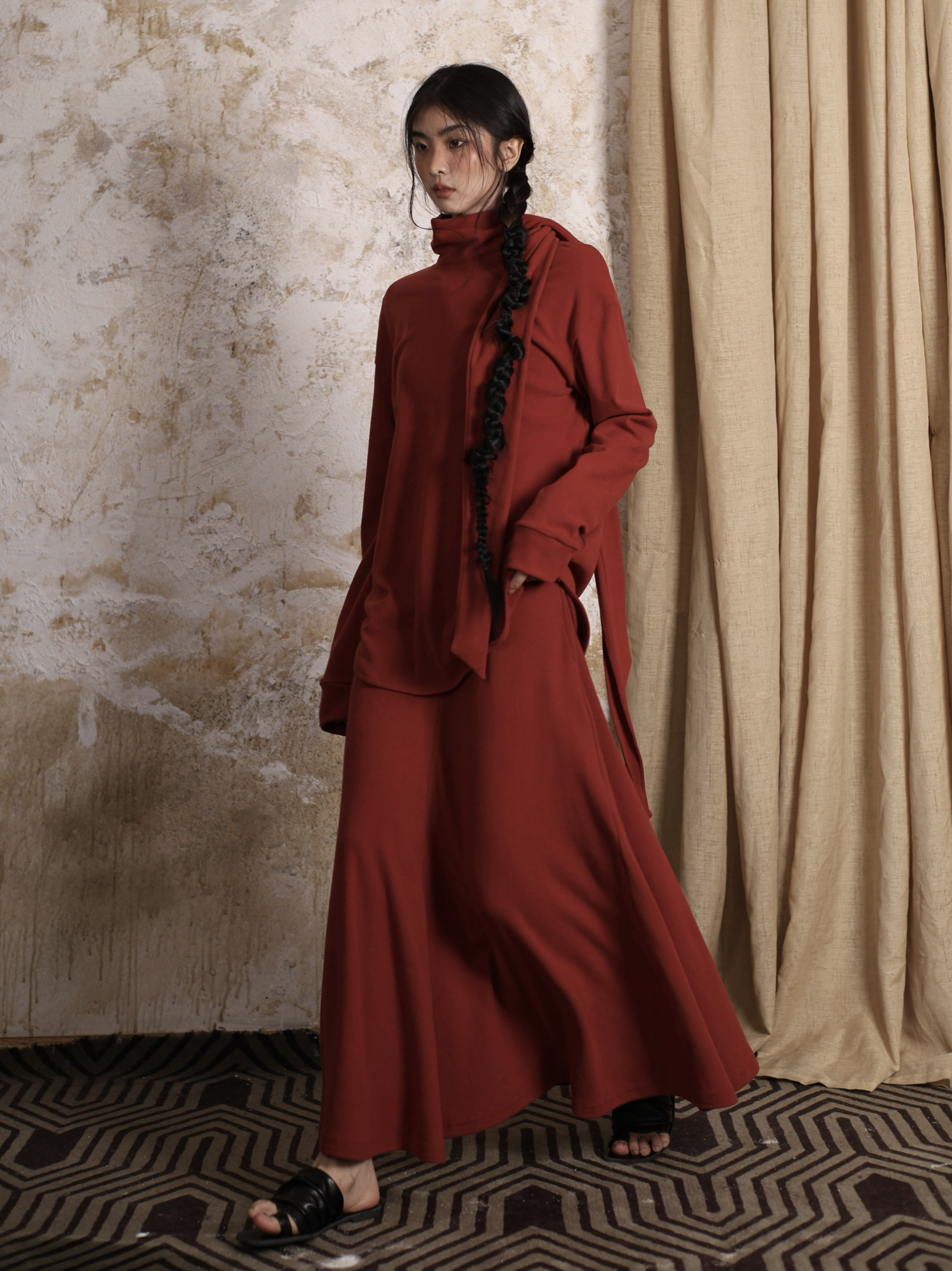 拙守 秋冬高领针织上衣不规则飘带围巾套头抽绳卫衣衬衫外套