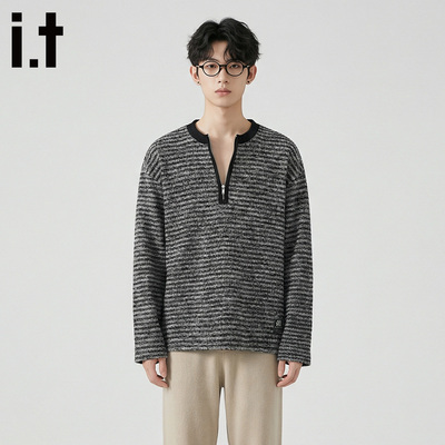 it:男生简约风假两件卫衣2026新男士宽松圆领上衣华夫格重磅男装