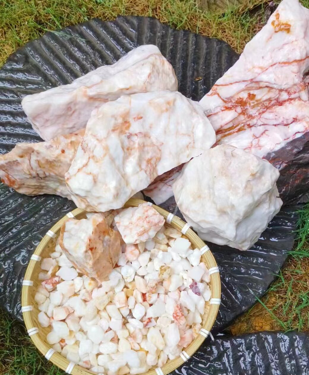 天然羊脂玉石肉石鱼缸花盆造景庭院阳台石头铺地花园地面铺垫脚踩