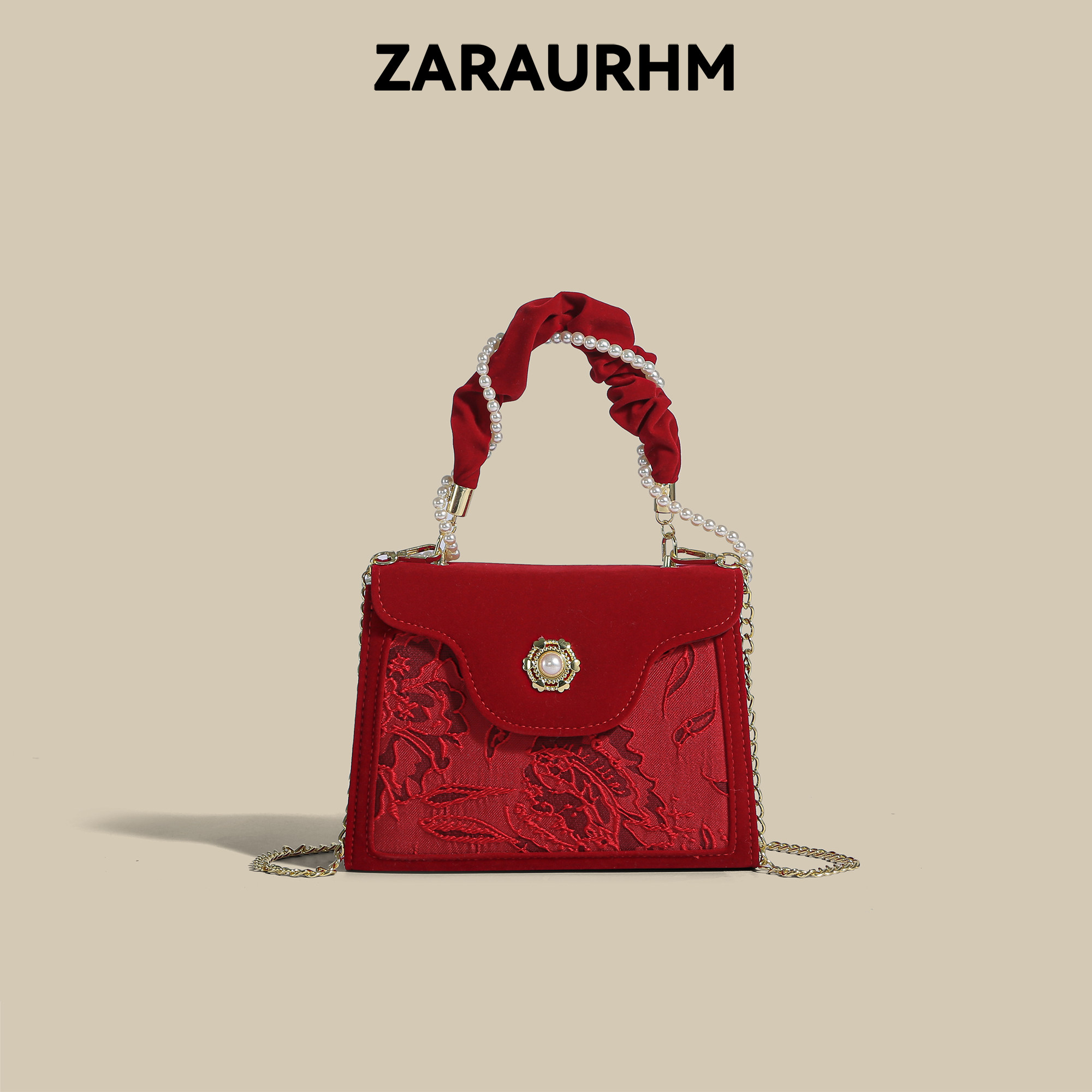 ZARAURHM复古绣花丝绒婚包斜跨小方包高级感手提新娘包红色结婚包