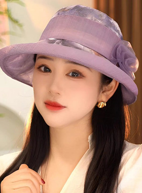 春夏季中老年薄款透气遮阳帽子女可折叠花朵百搭显脸小太阳帽盆帽