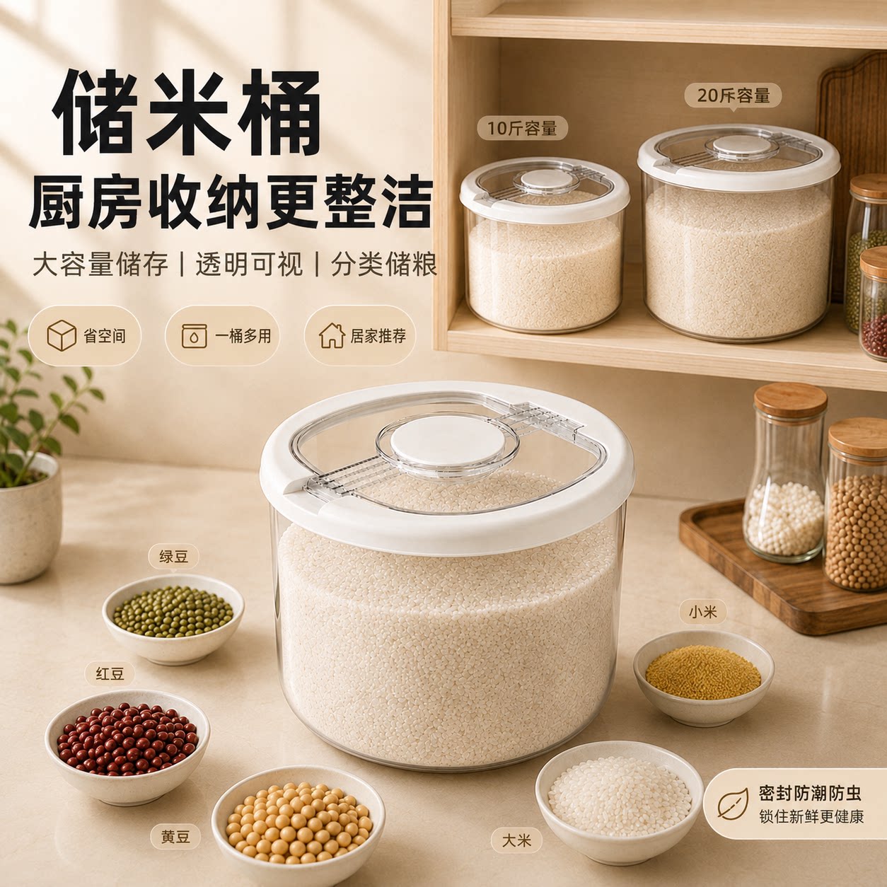 家用防虫防潮密封米桶大容量储存罐米缸面粉储米箱圆形轻奢透明桶