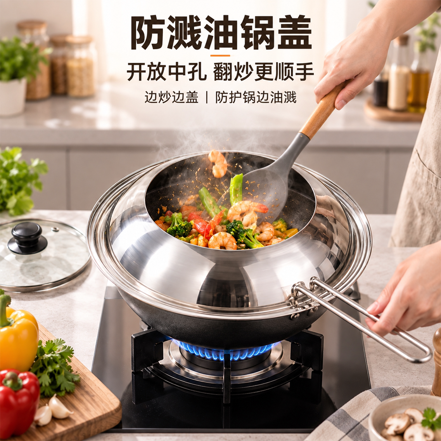 防溅油锅盖家用可视炒菜多功能不锈钢锅盖不烫手厨房通用防油挡板