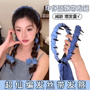 新款 夏日清涼感麻花結(jié)甜辣少女全扎齒梳飄帶發(fā)箍百搭牛仔飄帶發(fā)帶