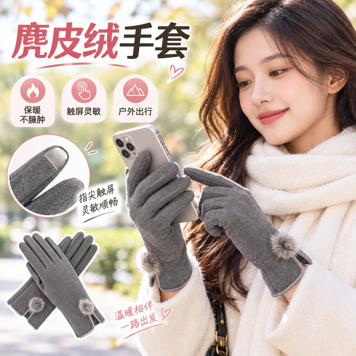 手套女秋冬精致短款保暖触屏分指骑行户外麂皮绒时尚百搭老中青年