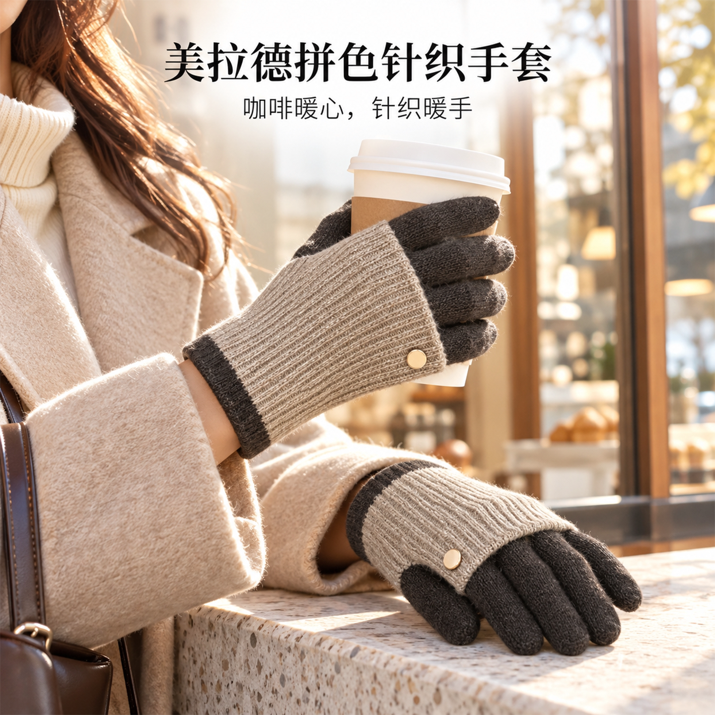 秋冬拼色针织毛线手套女可触屏护腕漏指冬天骑车保暖防寒分指情侣
