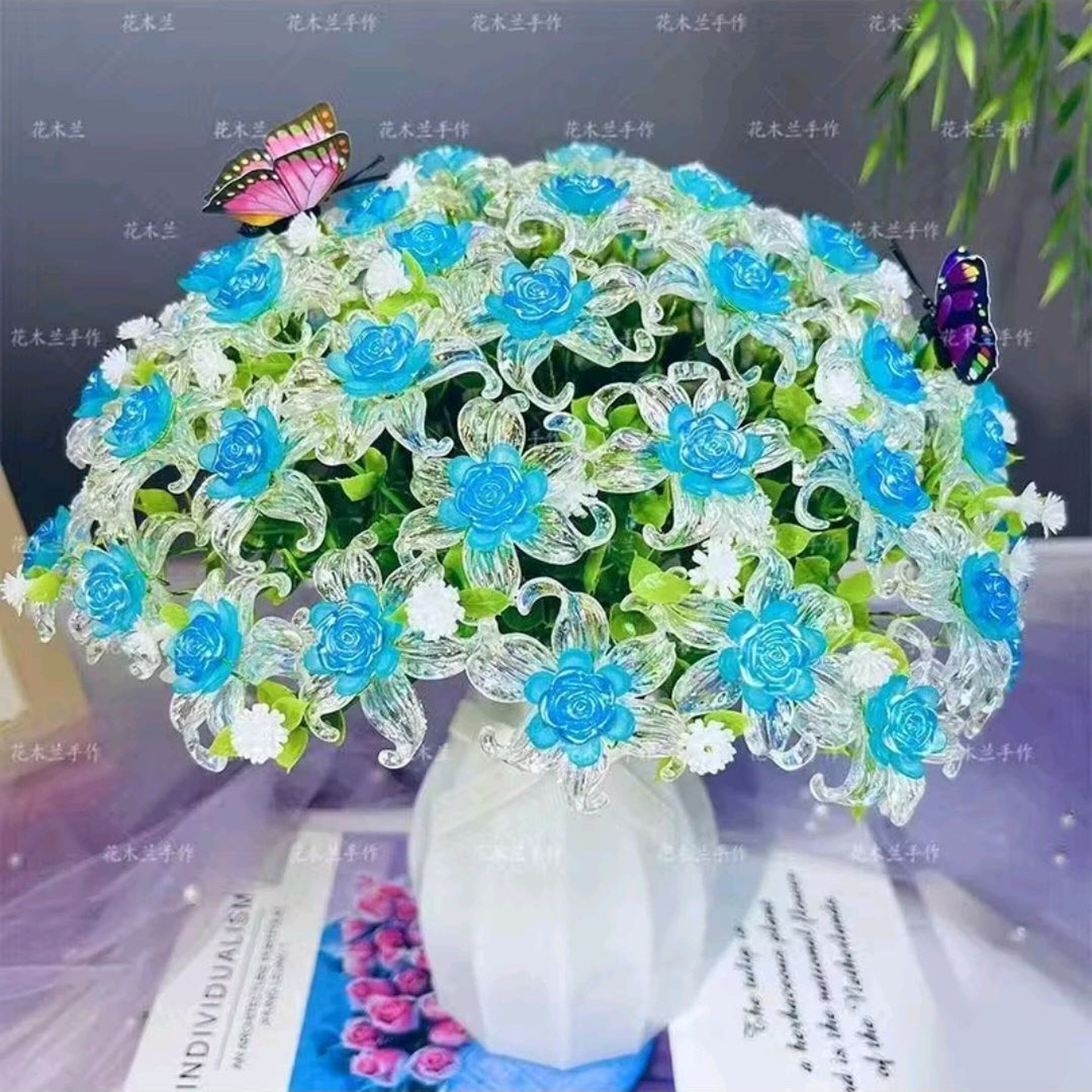 白色湖蓝不含花瓶卷心玫瑰客厅摆放花手工DIY手工编织花束材料包