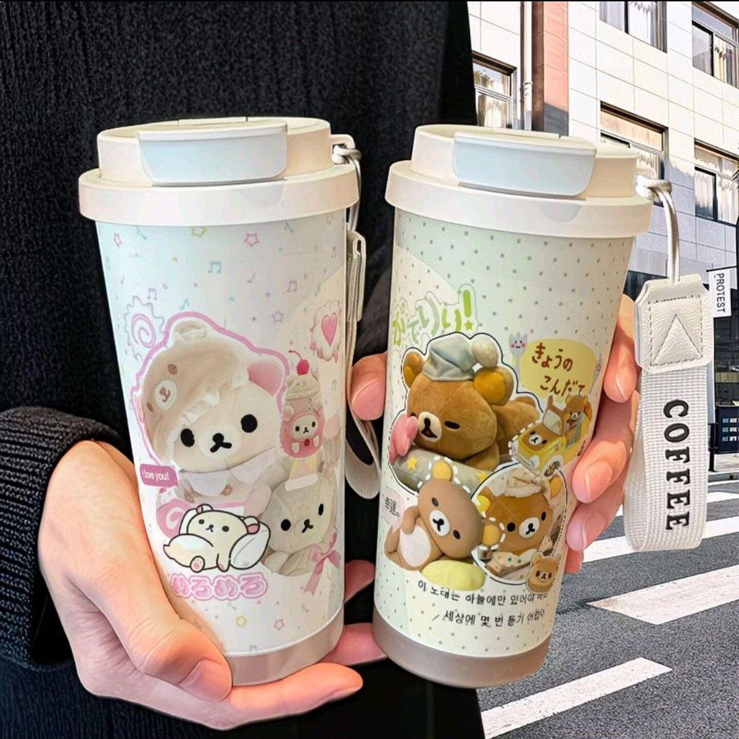 轻松熊周边保温杯水杯大容量高颜值学生可爱卡通不锈钢吸管双饮咖