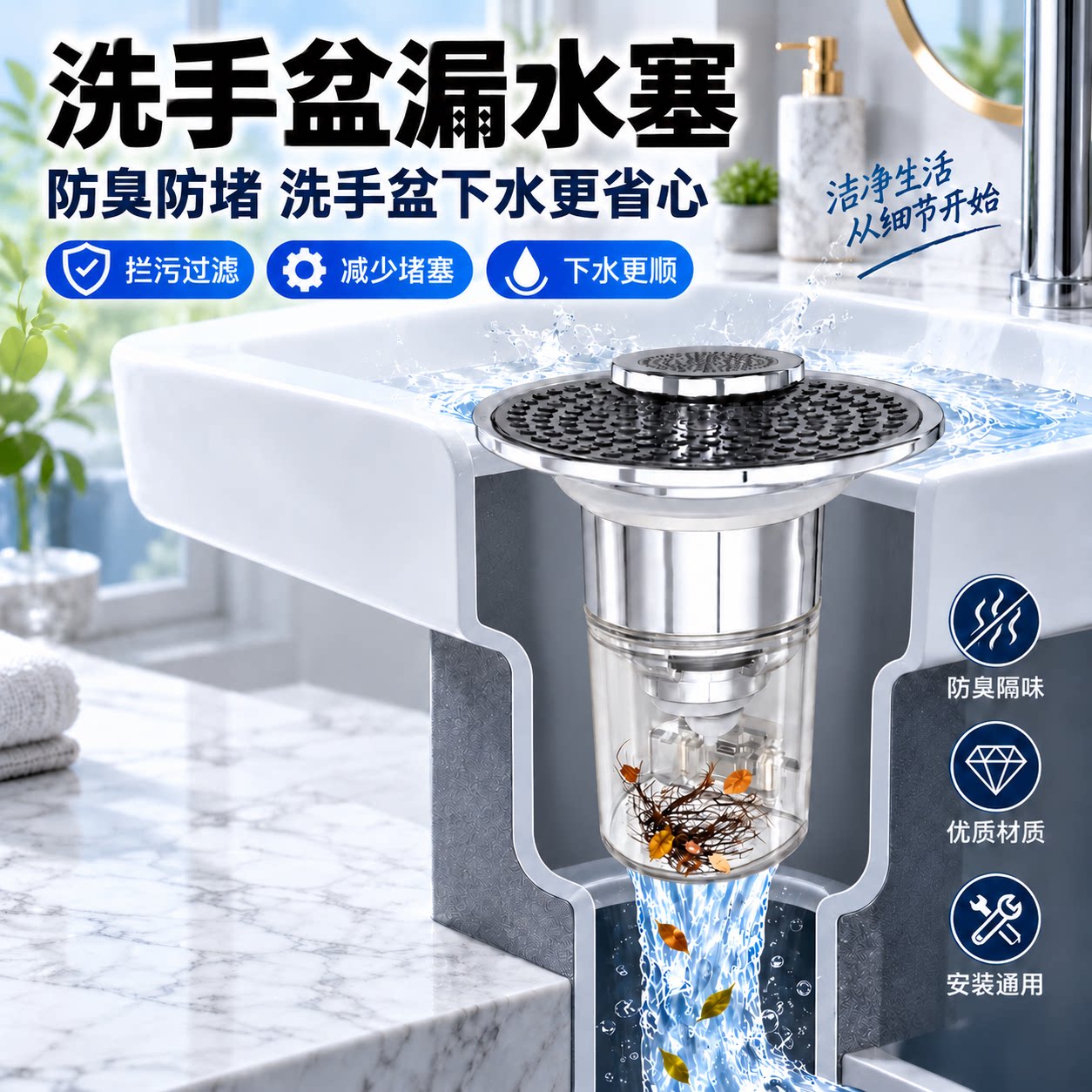 不锈钢防堵过滤下水塞