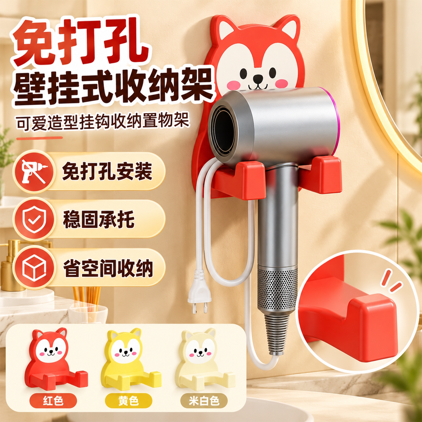 卡通动物吹风机置物架免打孔壁挂式收纳架可爱造型挂钩收纳置物架