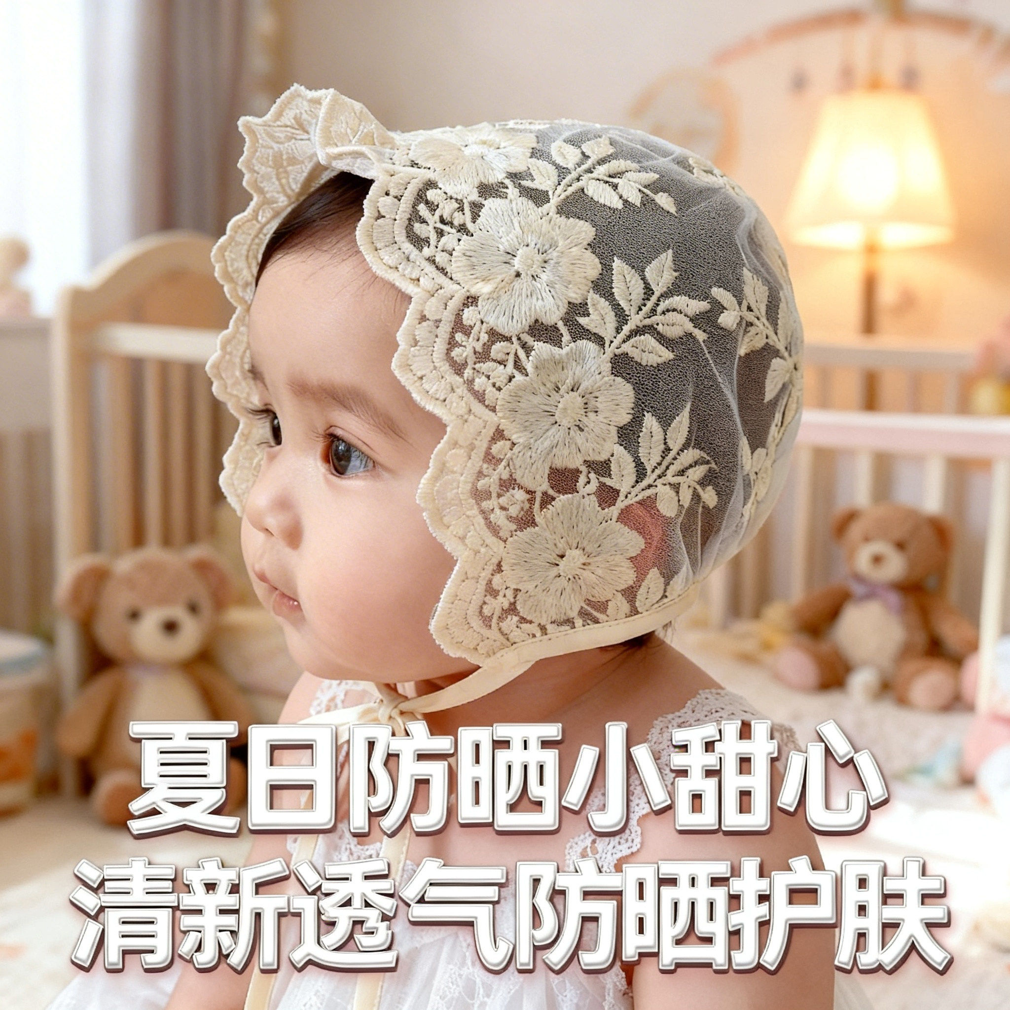 婴儿帽子春秋蕾丝花边公主外出婴幼儿遮阳帽女宝宝宫廷帽夏季薄款