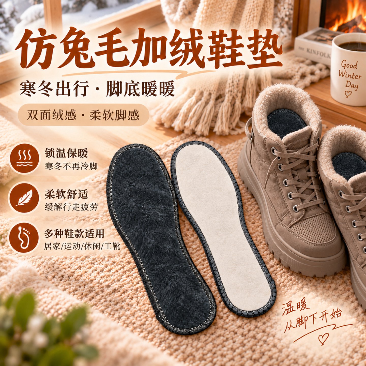 冬季仿兔毛加绒加厚保暖鞋垫
