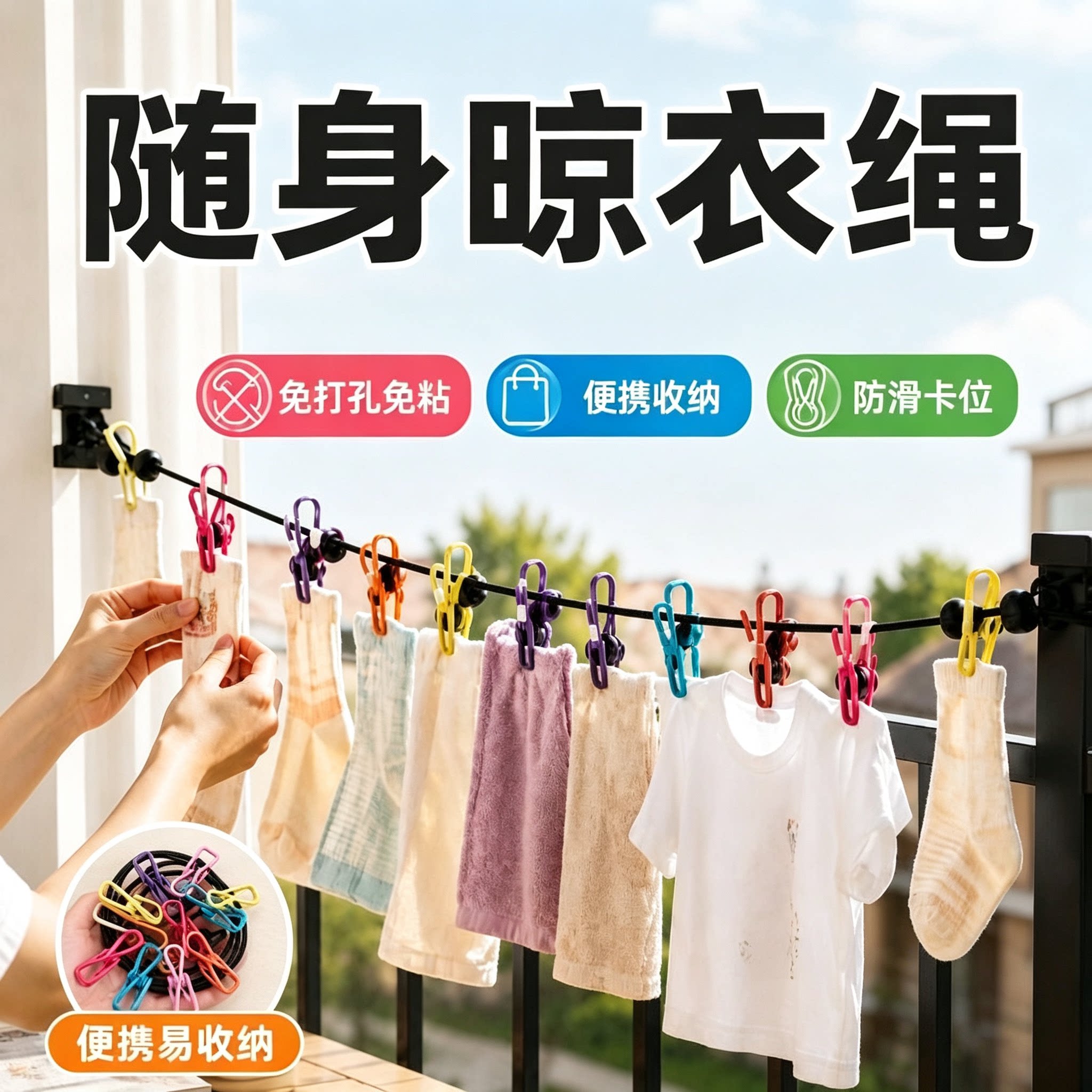 旅行便携加粗晾衣绳12夹子