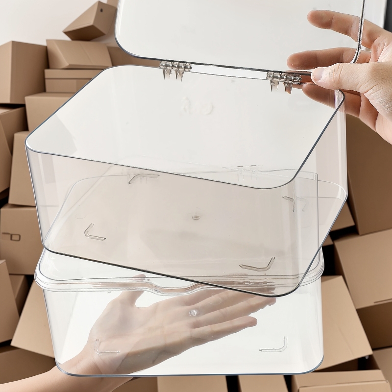 桌面收纳盒翻盖式透明亚克力防尘整理盒卧室宿舍办公室带盖杂物筐