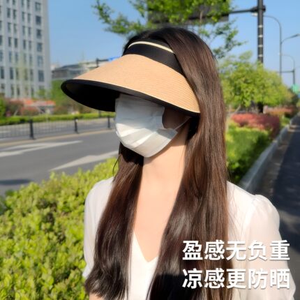 大帽檐夏季防太阳光空顶防晒帽女太阳帽子遮阳草帽遮脸可折叠