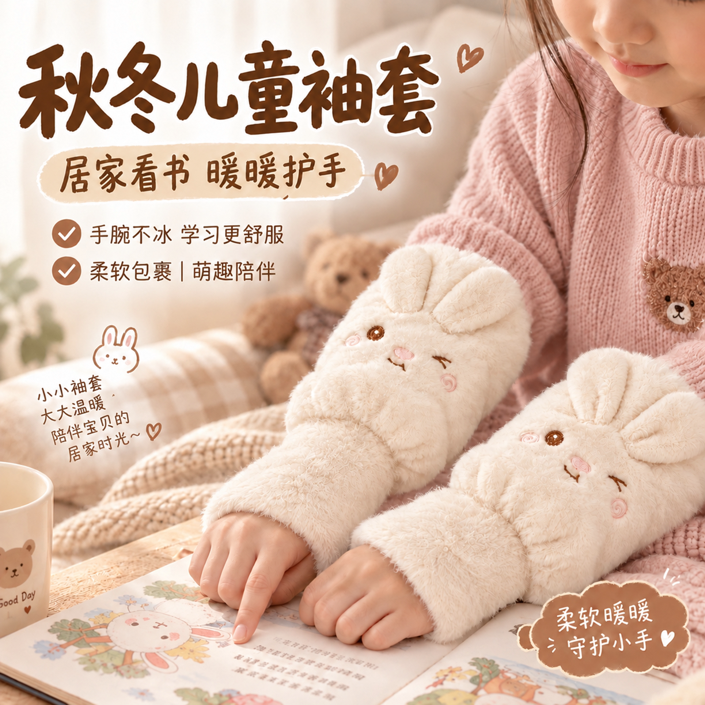 儿童袖套秋冬季新款套袖学生写字暖手防脏护袖保暖女童手套二合一