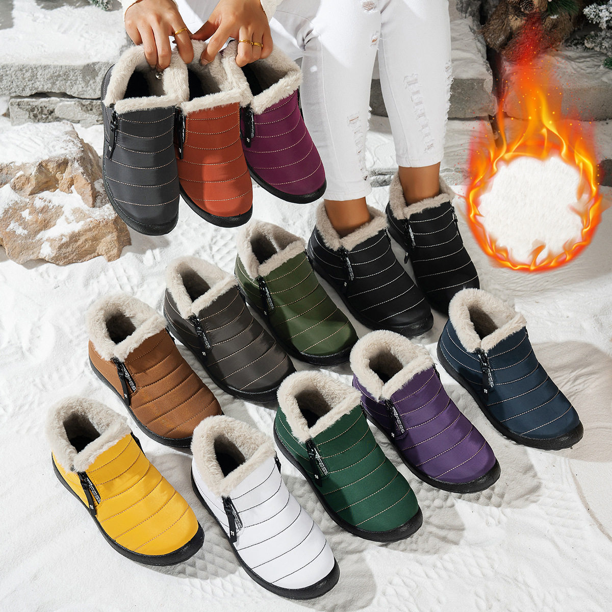 冬新款防水雨伞布雪地靴女侧拉链加绒防滑运动户外高帮棉鞋42码43